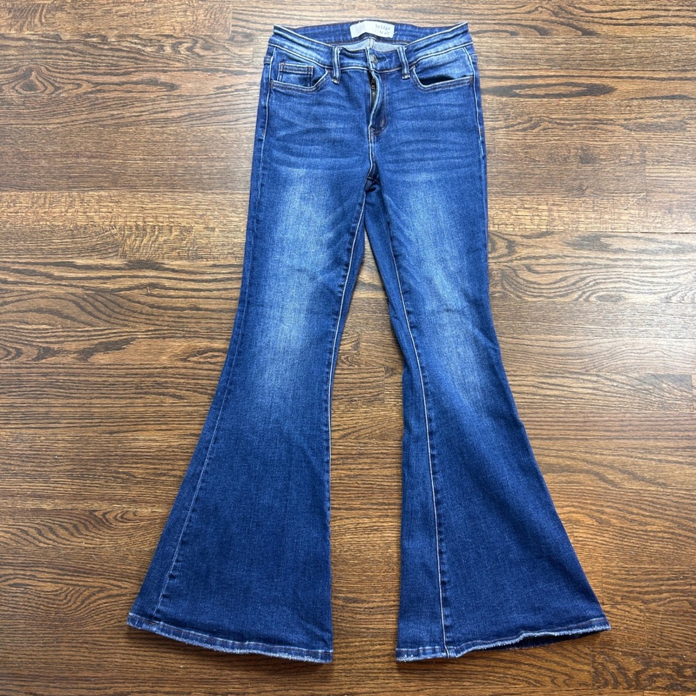 Bridge Gly Mid Rise Super Flare Jeans Womens 27 Blue Med Wash Denim Distressed